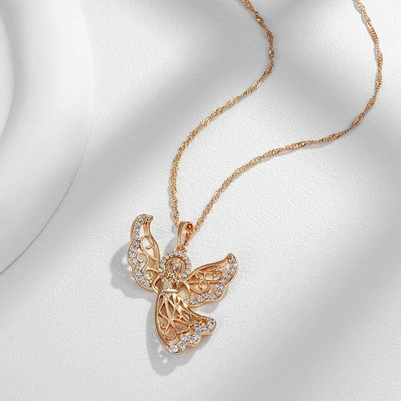 Stylish Rose Gold Angel Pendant Necklace with Natural Zircon Accents