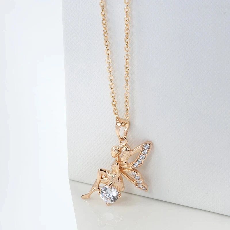 Stylish Rose Gold Angel Pendant Necklace with Natural Zircon Accents