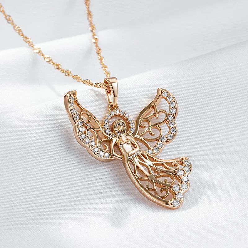 Stylish Rose Gold Angel Pendant Necklace with Natural Zircon Accents