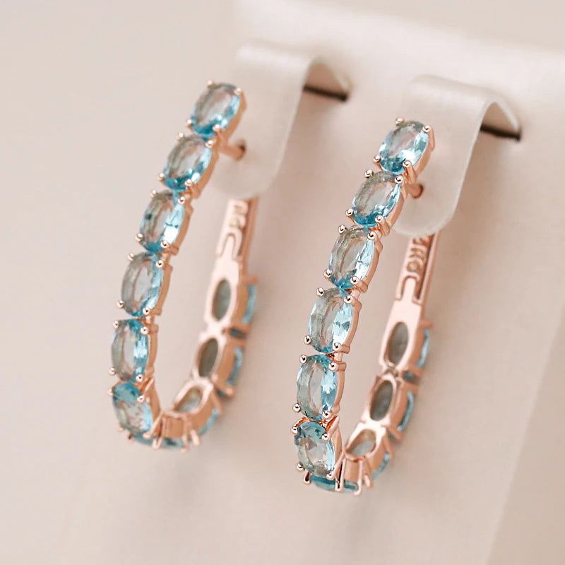 Stylish Rose Gold Big Hoop Earrings with Oval Blue Zircon - Vintage Luxury Jewelry