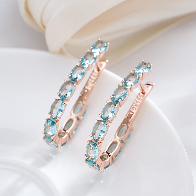 Stylish Rose Gold Big Hoop Earrings with Oval Blue Zircon - Vintage Luxury Jewelry