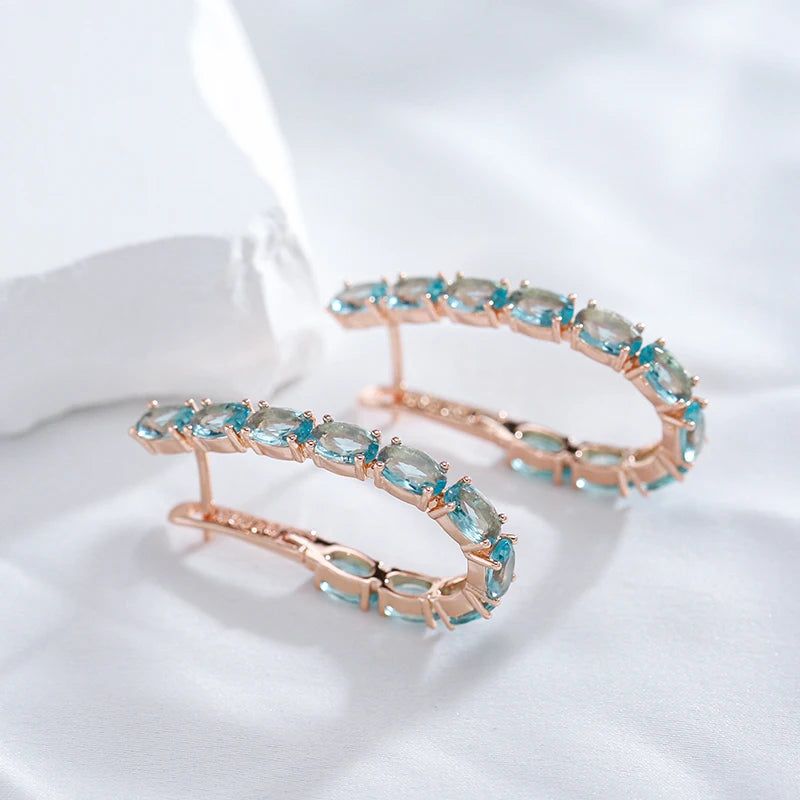 Stylish Rose Gold Big Hoop Earrings with Oval Blue Zircon - Vintage Luxury Jewelry