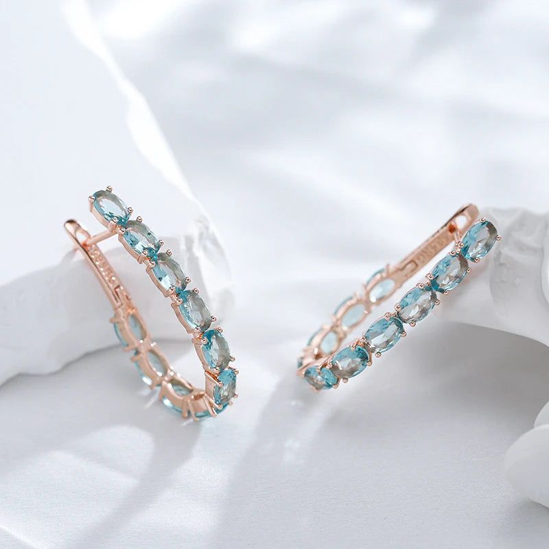 Stylish Rose Gold Big Hoop Earrings with Oval Blue Zircon - Vintage Luxury Jewelry