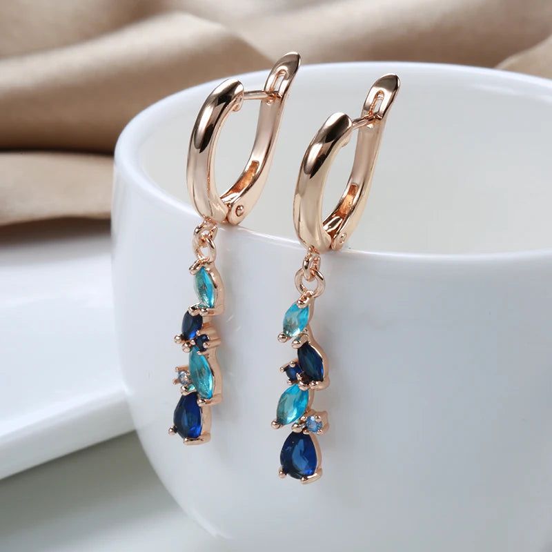 Stylish Rose Gold Blue Drop Earrings with Natural Zircon for Romantic Fashion