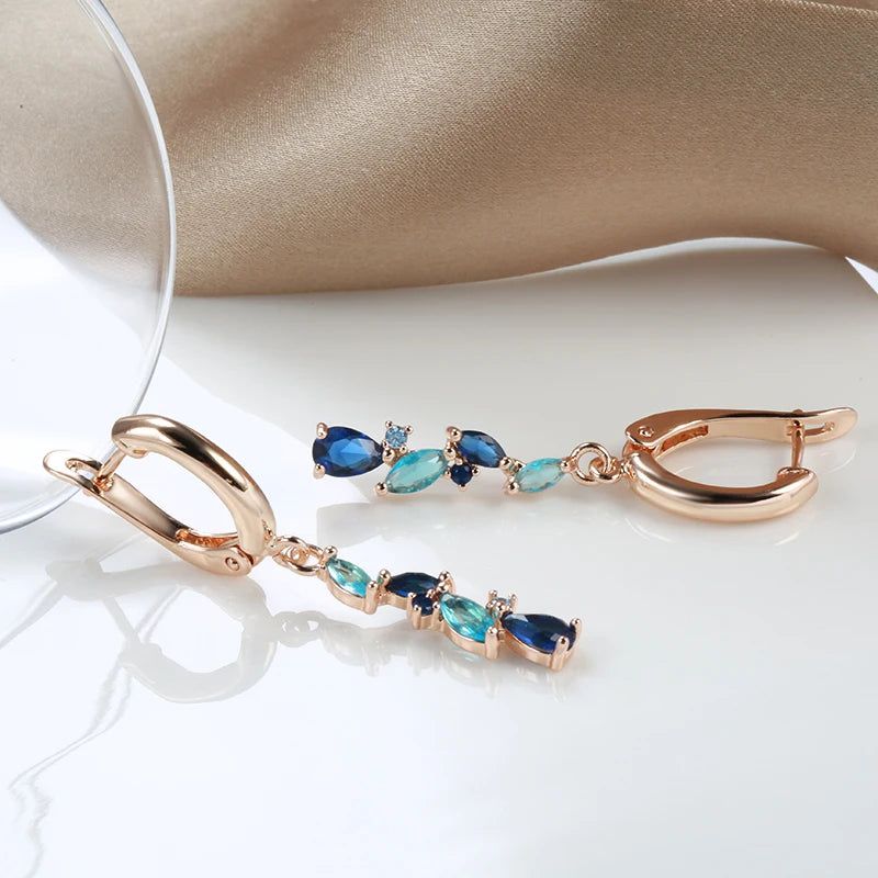 Stylish Rose Gold Blue Drop Earrings with Natural Zircon for Romantic Fashion