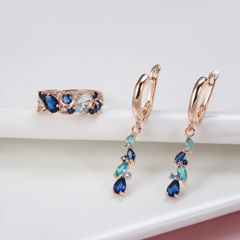 Stylish Rose Gold Blue Drop Earrings with Natural Zircon for Romantic Fashion