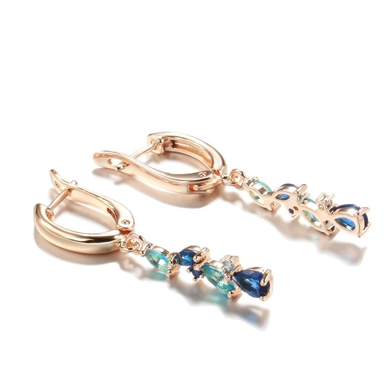 Stylish Rose Gold Blue Drop Earrings with Natural Zircon for Romantic Fashion