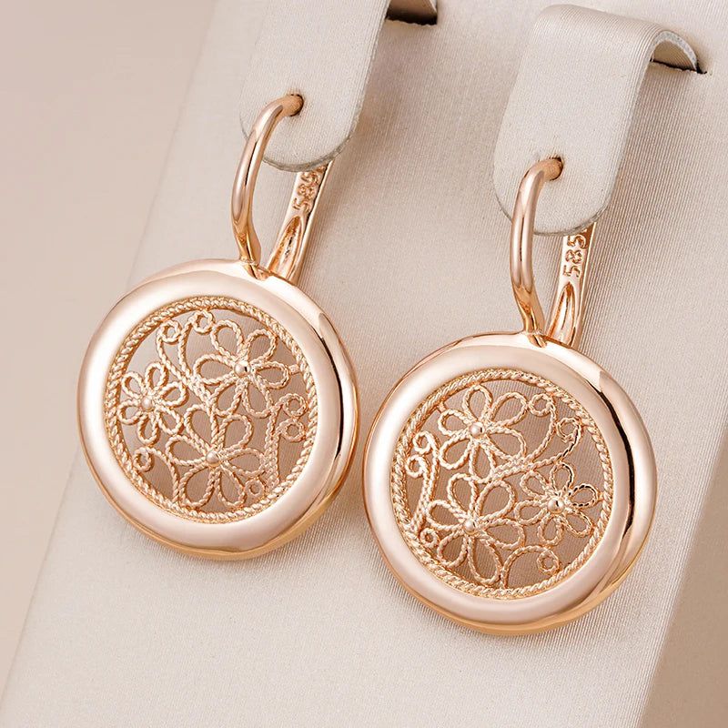 Stylish Rose Gold Boho Dangle Earrings with Glossy Metal Flower Design - High-Quality Jewelry