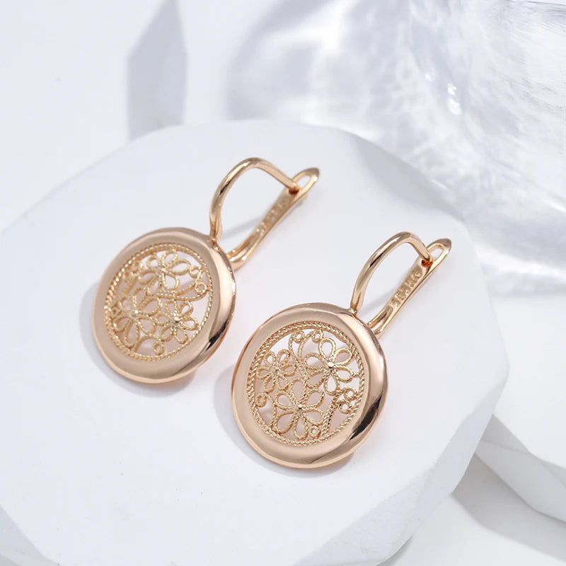 Stylish Rose Gold Boho Dangle Earrings with Glossy Metal Flower Design - High-Quality Jewelry