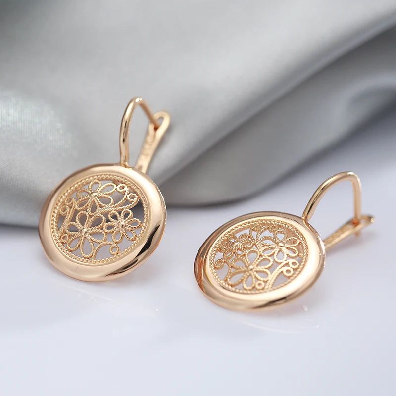 Stylish Rose Gold Boho Dangle Earrings with Glossy Metal Flower Design - High-Quality Jewelry