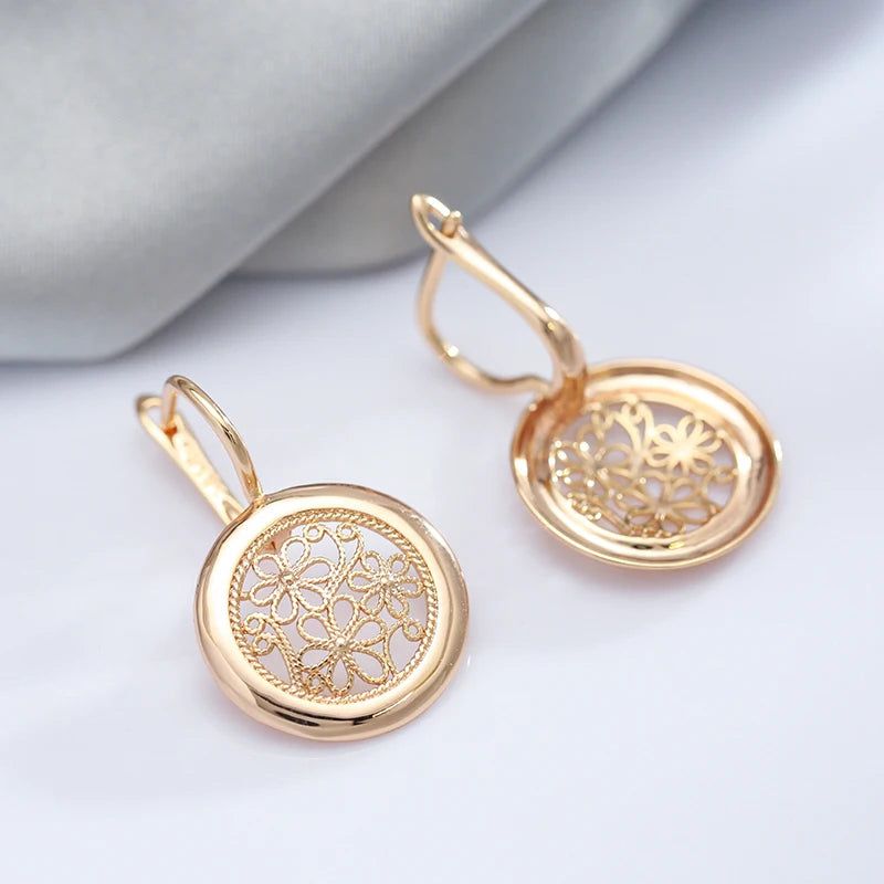 Stylish Rose Gold Boho Dangle Earrings with Glossy Metal Flower Design - High-Quality Jewelry