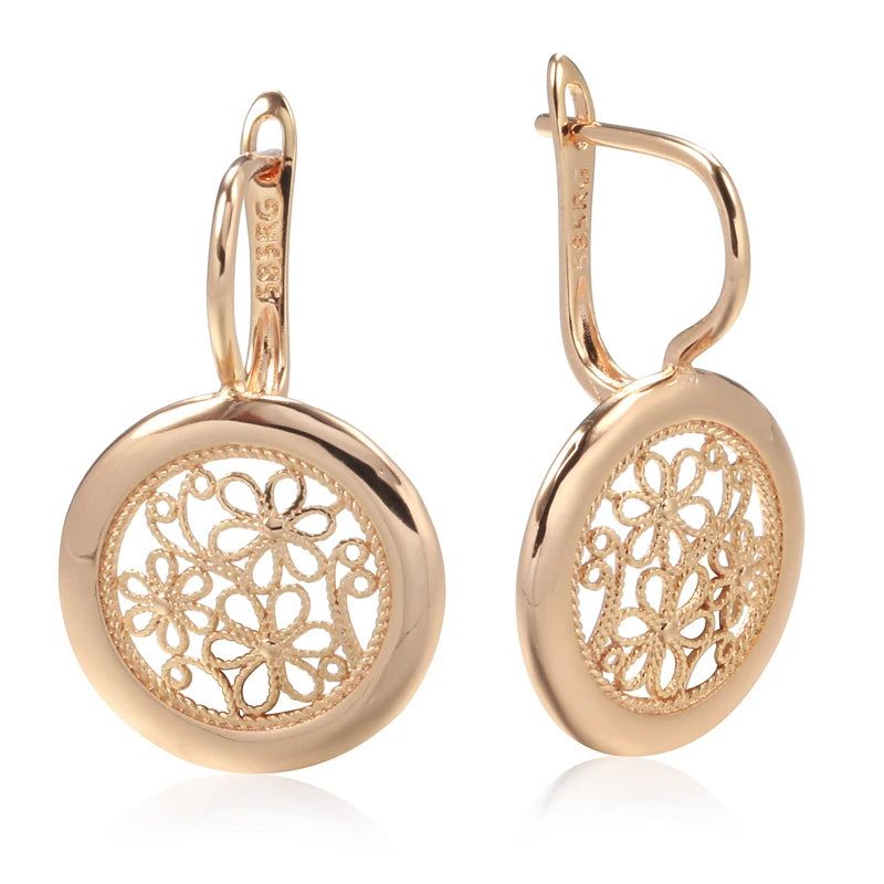 Stylish Rose Gold Boho Dangle Earrings with Glossy Metal Flower Design - High-Quality Jewelry