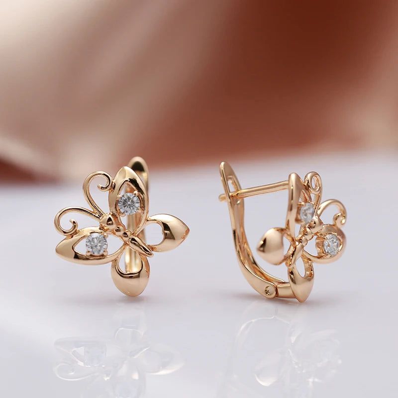 Stylish Rose Gold Butterfly Dangle Earrings with Natural Zircon