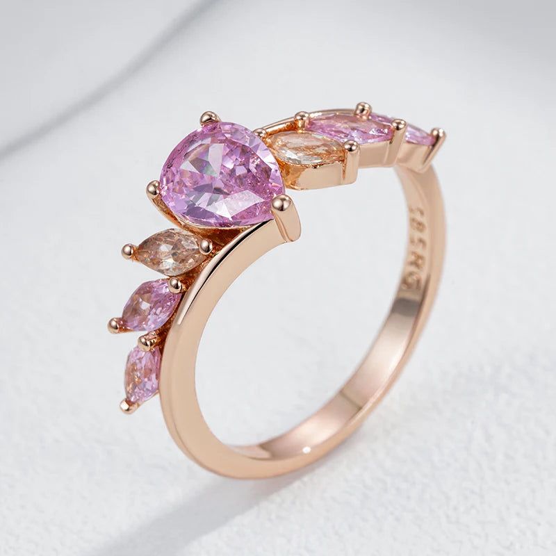 Stylish Rose Gold Cocktail Ring with Shimmering Pink Natural Zircon