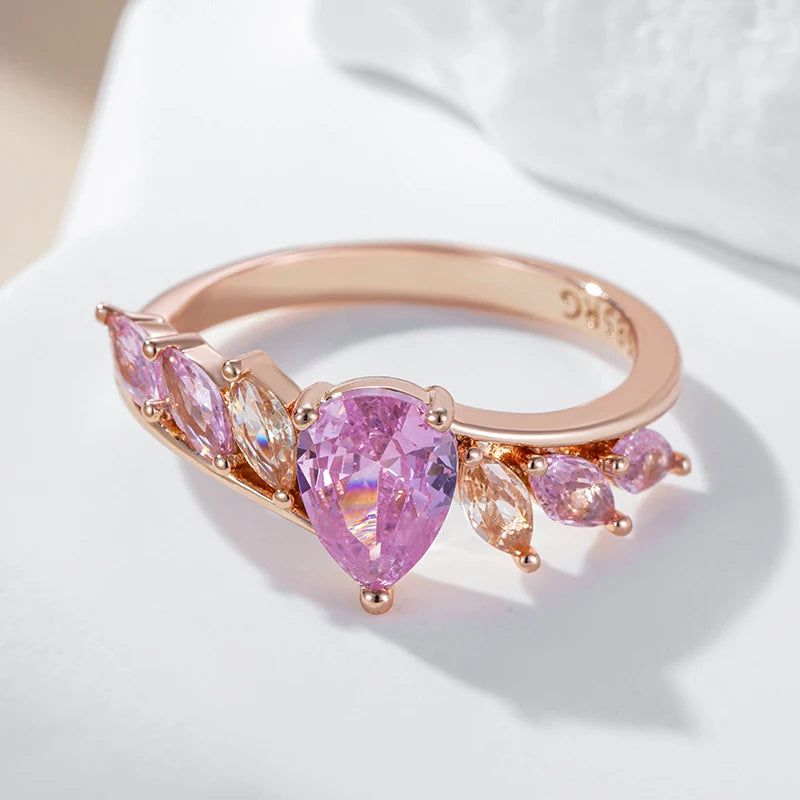 Stylish Rose Gold Cocktail Ring with Shimmering Pink Natural Zircon