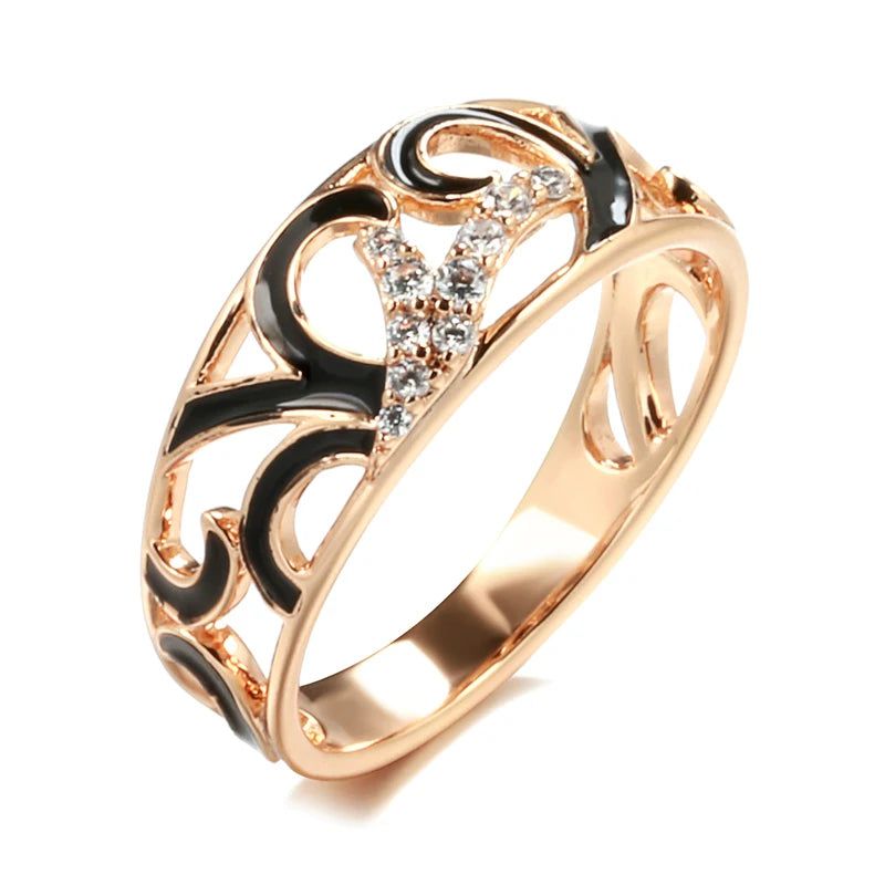 Stylish Rose Gold Color Black Enamel and Zircon Geometric Cocktail Ring