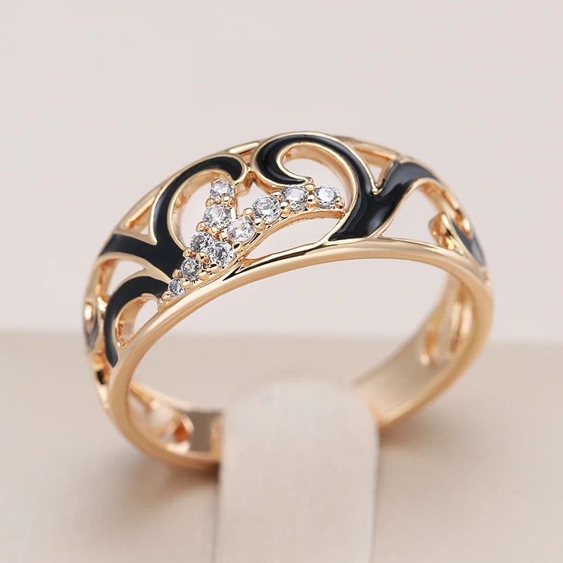 Stylish Rose Gold Color Black Enamel and Zircon Geometric Cocktail Ring