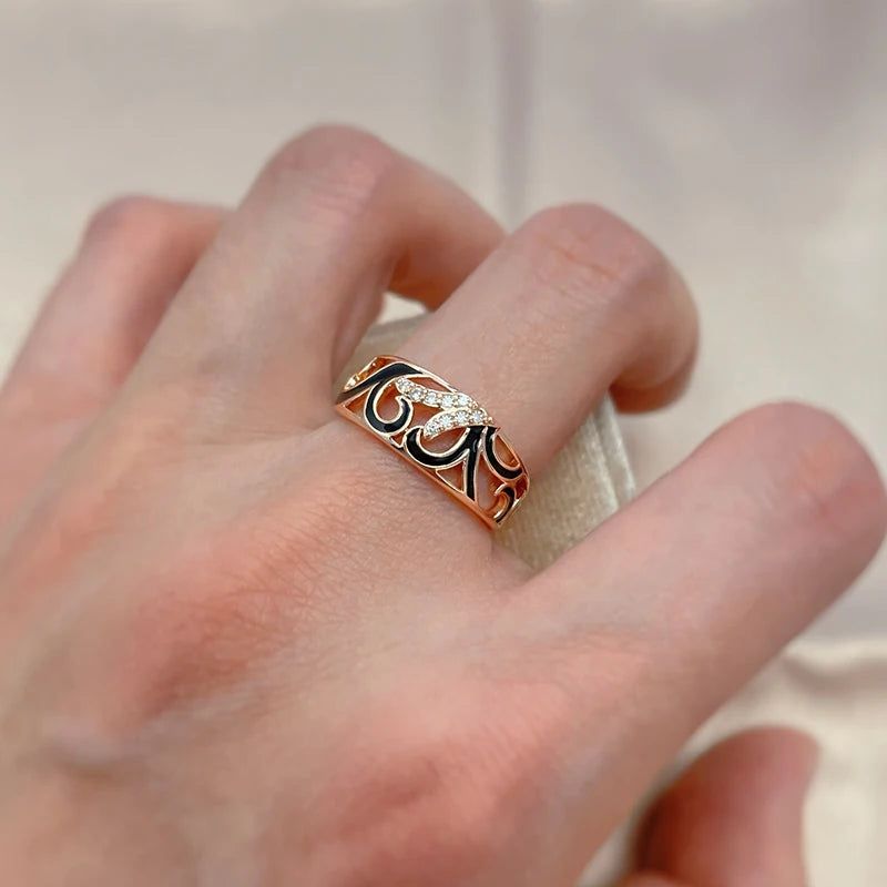 Stylish Rose Gold Color Black Enamel and Zircon Geometric Cocktail Ring