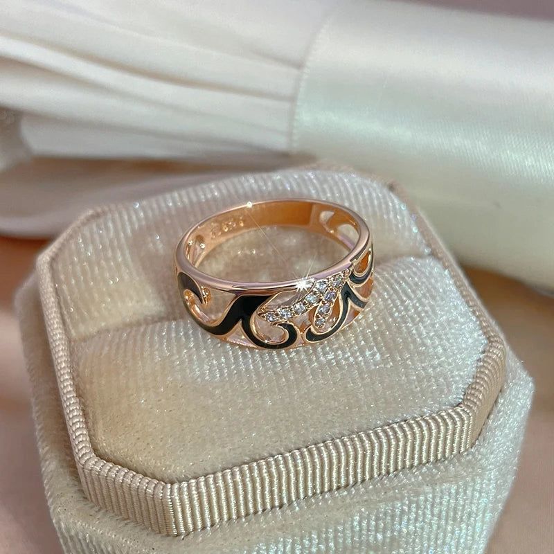 Stylish Rose Gold Color Black Enamel and Zircon Geometric Cocktail Ring