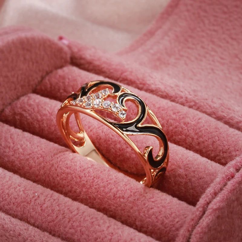 Stylish Rose Gold Color Black Enamel and Zircon Geometric Cocktail Ring