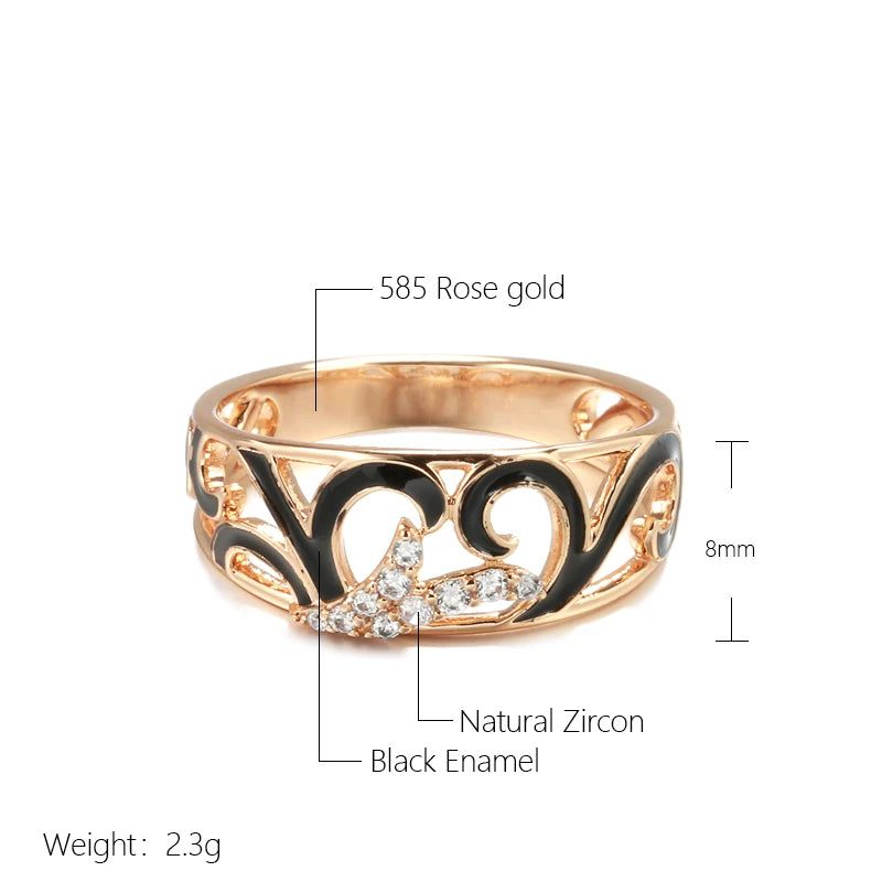 Stylish Rose Gold Color Black Enamel and Zircon Geometric Cocktail Ring