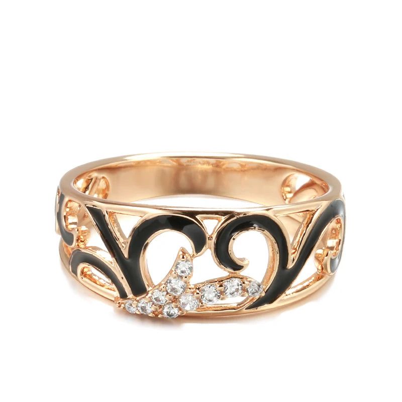 Stylish Rose Gold Color Black Enamel and Zircon Geometric Cocktail Ring