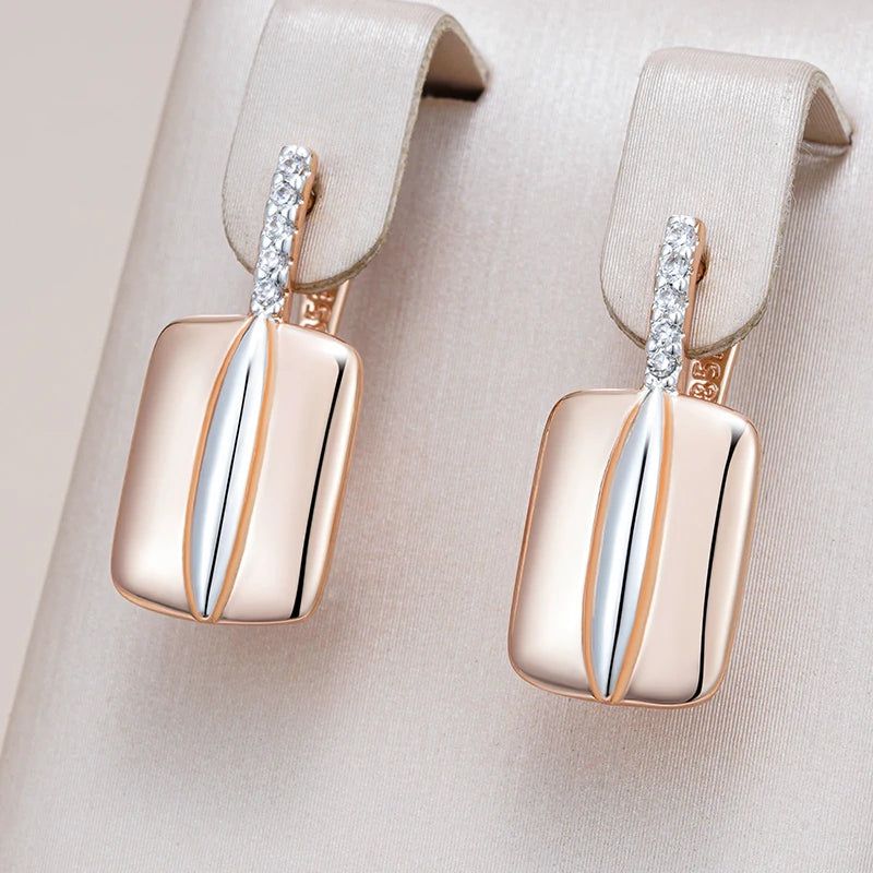 Stylish Rose Gold and Silver Geometric Zircon Drop Earrings