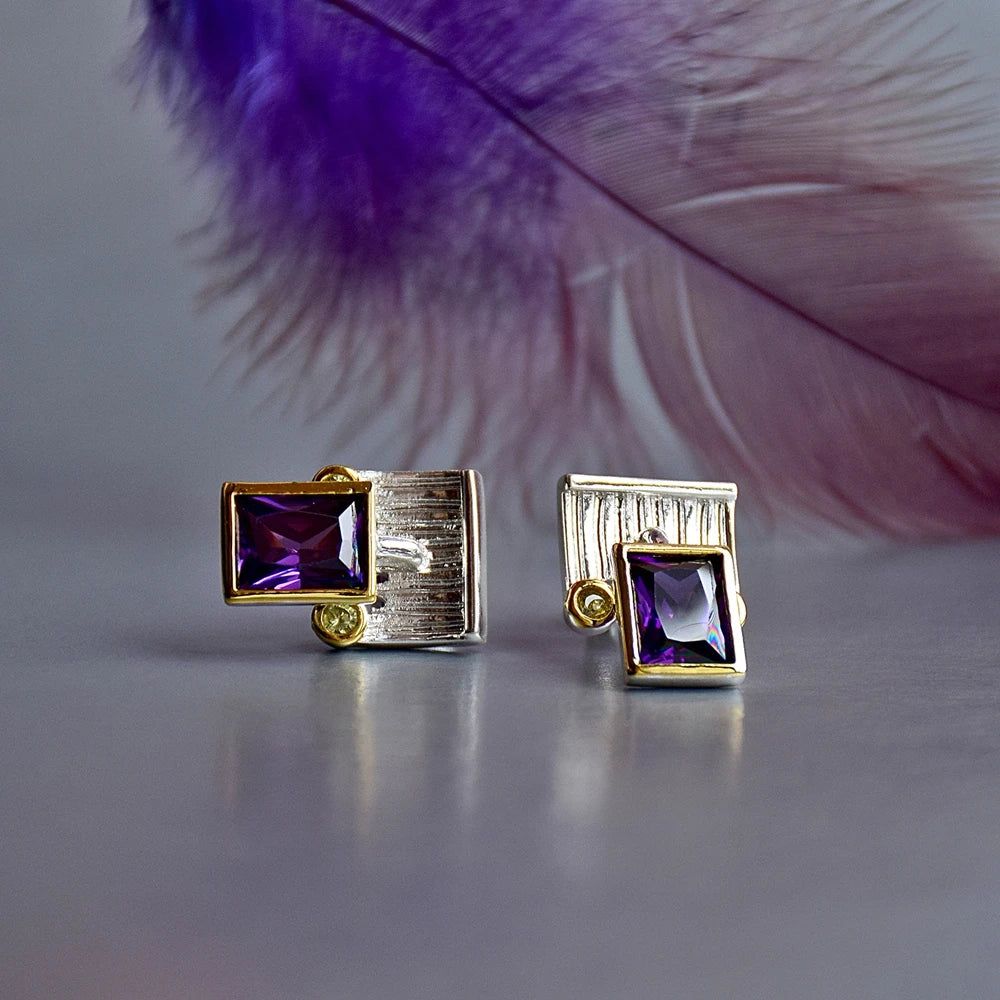 Stylish Two-Tone Purple CZ Stud Earrings for Everyday Fashion