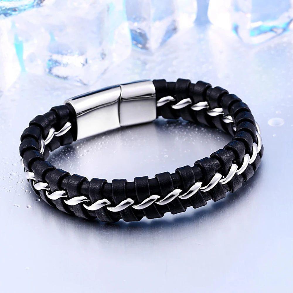 Stylish Unisex Black Leather and Stainless Steel Bracelet - Punk Hip Hop Vintage Jewelry for Gifting