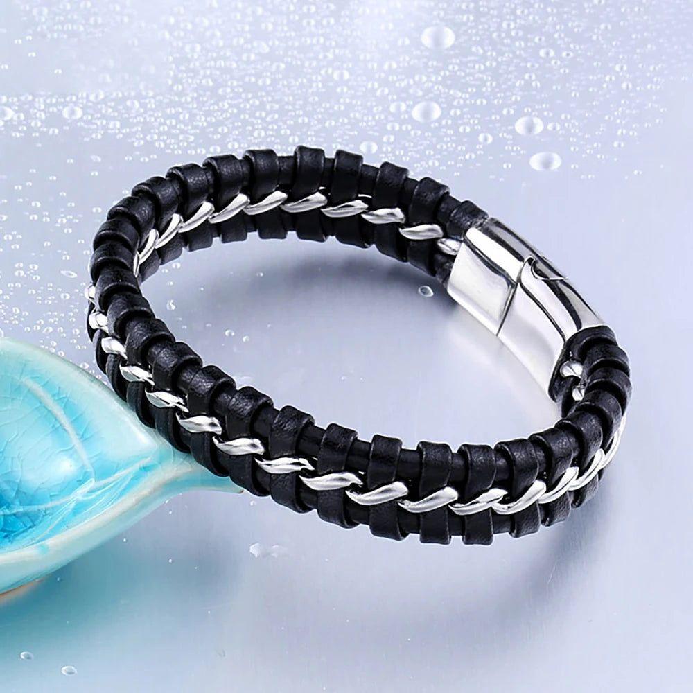 Stylish Unisex Black Leather and Stainless Steel Bracelet - Punk Hip Hop Vintage Jewelry for Gifting