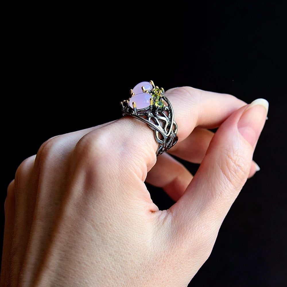 Stylish Vintage CZ Cocktail Ring with Pinky Opal and Olivine Purple Zirconia