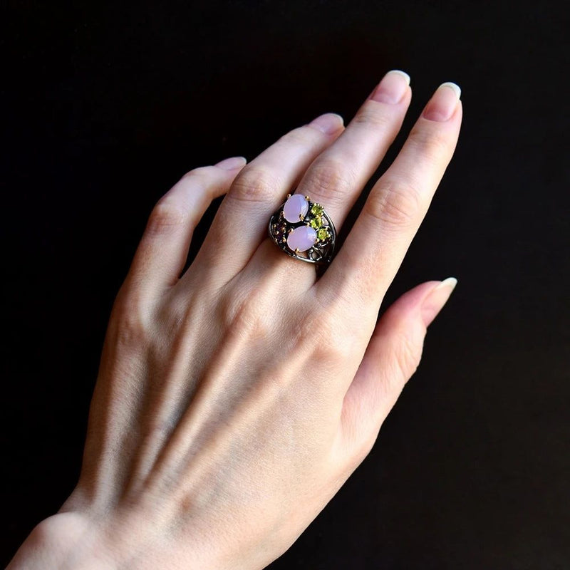 Stylish Vintage CZ Cocktail Ring with Pinky Opal and Olivine Purple Zirconia