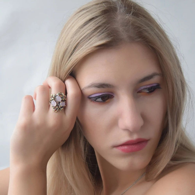 Stylish Vintage CZ Cocktail Ring with Pinky Opal and Olivine Purple Zirconia