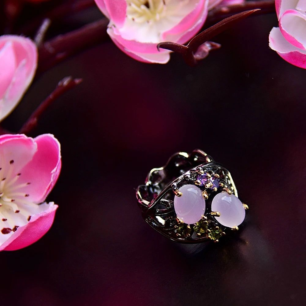 Stylish Vintage CZ Cocktail Ring with Pinky Opal and Olivine Purple Zirconia