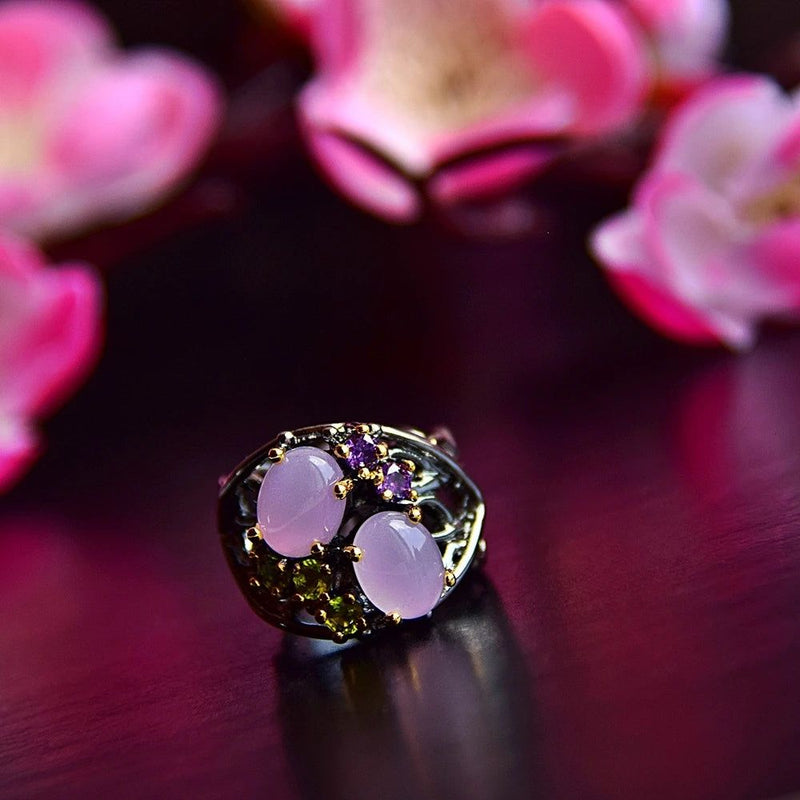 Stylish Vintage CZ Cocktail Ring with Pinky Opal and Olivine Purple Zirconia