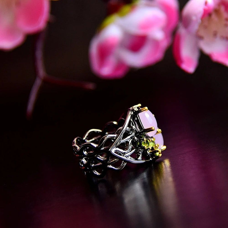 Stylish Vintage CZ Cocktail Ring with Pinky Opal and Olivine Purple Zirconia