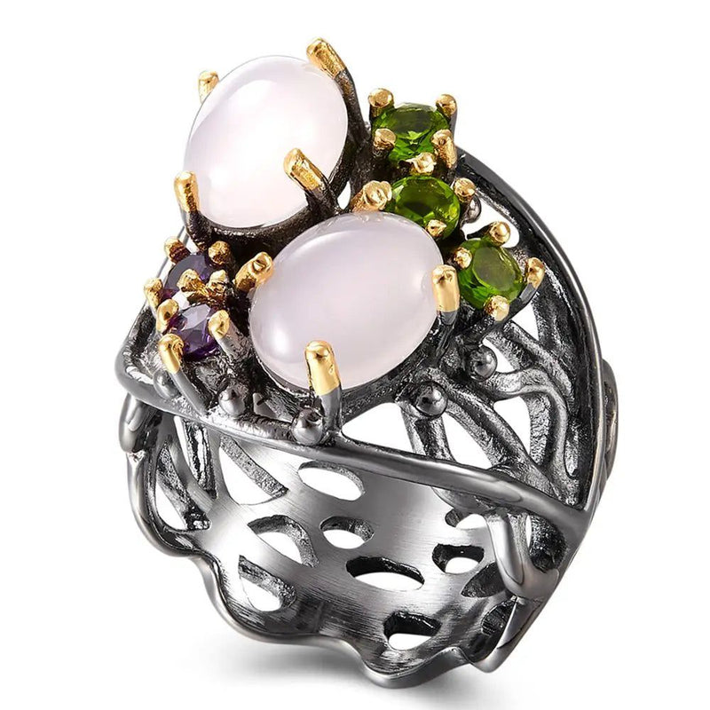 Stylish Vintage CZ Cocktail Ring with Pinky Opal and Olivine Purple Zirconia