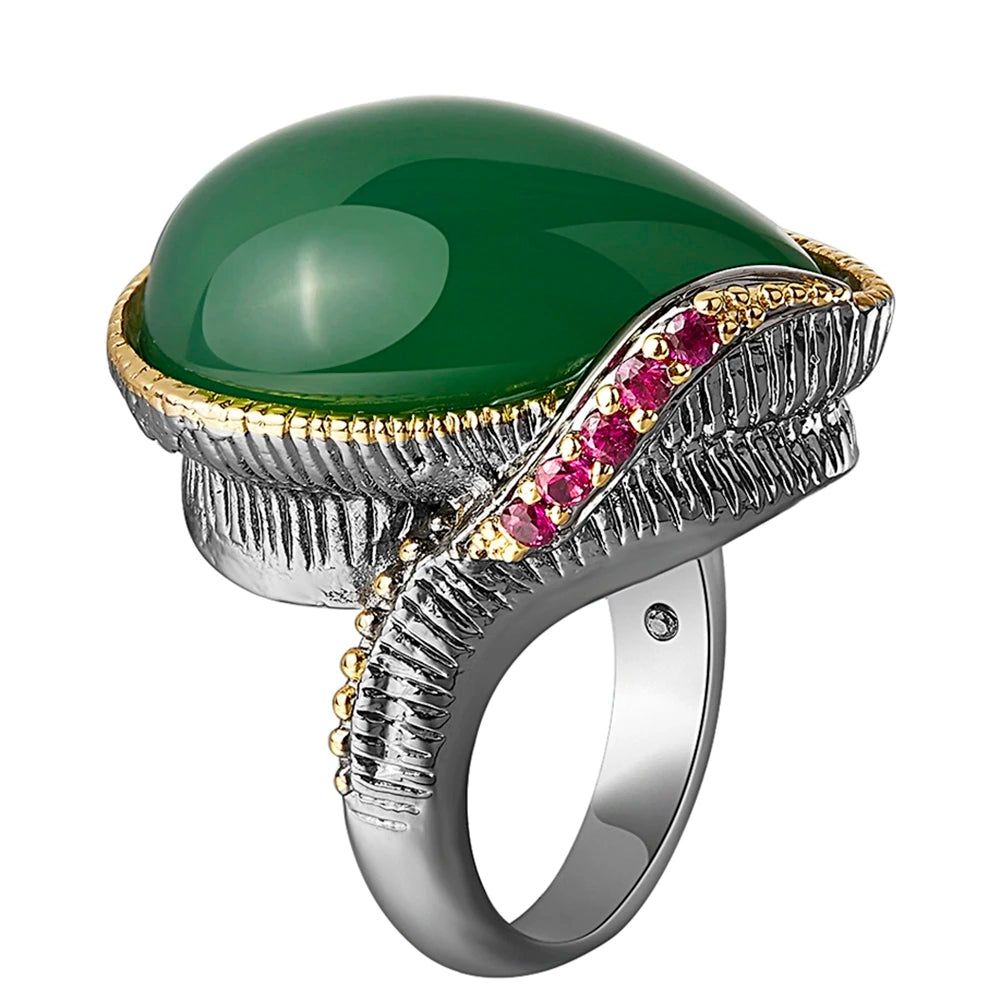 Stylish Vintage Green and Fuchsia Zircon Cocktail Ring with Golden Edges