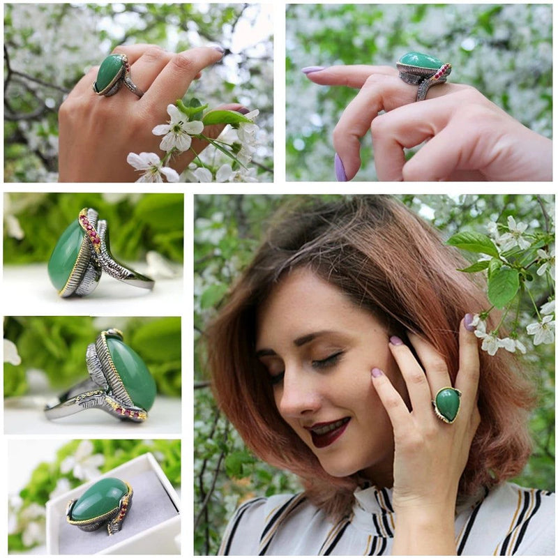 Stylish Vintage Green and Fuchsia Zircon Cocktail Ring with Golden Edges