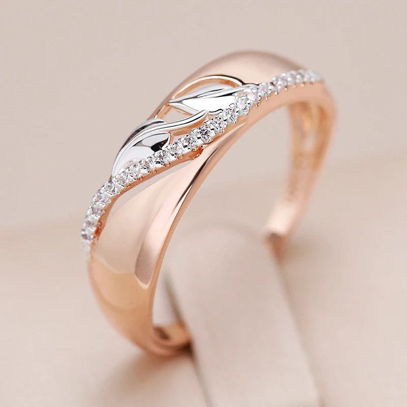 Stylish Vintage Leaf Ring with Natural Zircon in 585 Rose Gold and Silver Mix - 6mm Wide