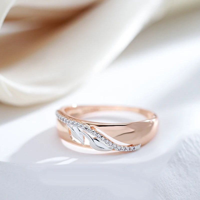 Stylish Vintage Leaf Ring with Natural Zircon in 585 Rose Gold and Silver Mix - 6mm Wide