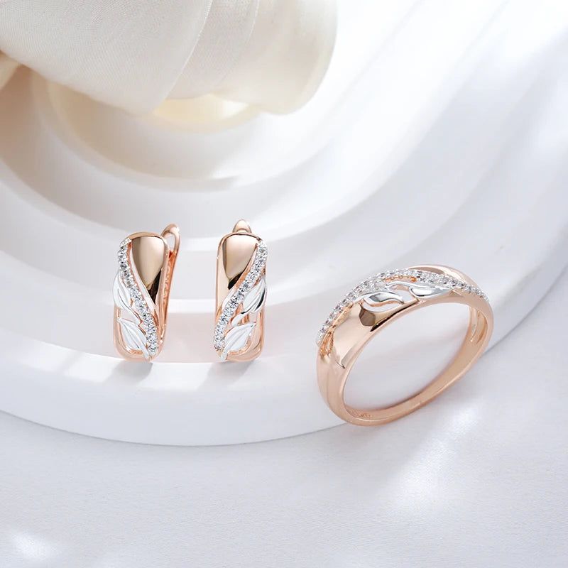 Stylish Vintage Leaf Ring with Natural Zircon in 585 Rose Gold and Silver Mix - 6mm Wide