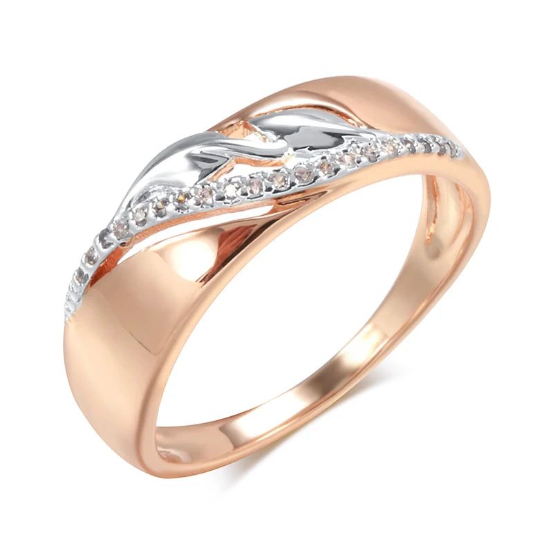 Stylish Vintage Leaf Ring with Natural Zircon in 585 Rose Gold and Silver Mix - 6mm Wide