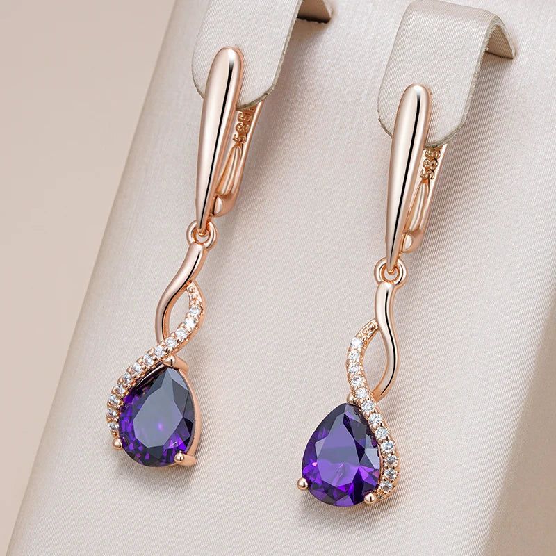 Stylish Vintage Long Dangle Earrings with Hot Shiny Purple Natural Zircon in 585 Rose Gold Finish