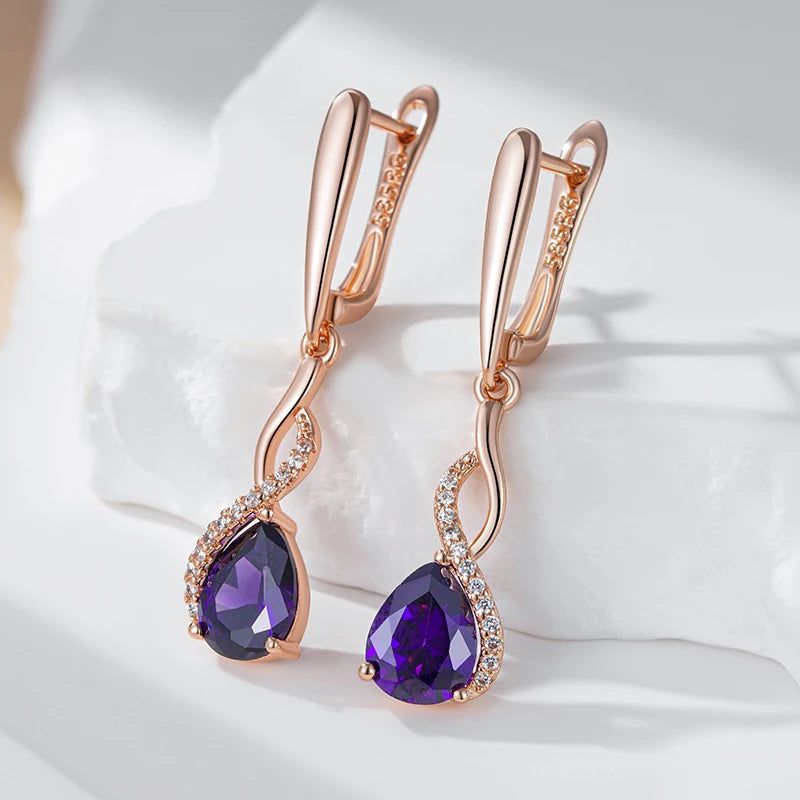 Stylish Vintage Long Dangle Earrings with Hot Shiny Purple Natural Zircon in 585 Rose Gold Finish