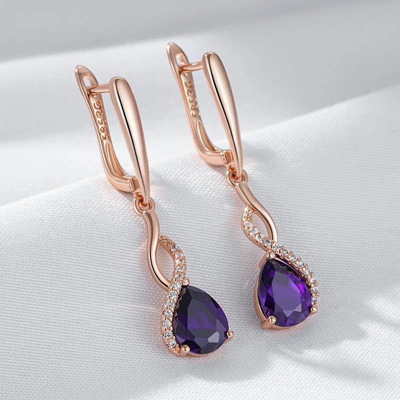 Stylish Vintage Long Dangle Earrings with Hot Shiny Purple Natural Zircon in 585 Rose Gold Finish