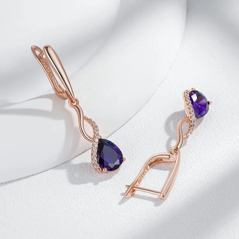 Stylish Vintage Long Dangle Earrings with Hot Shiny Purple Natural Zircon in 585 Rose Gold Finish