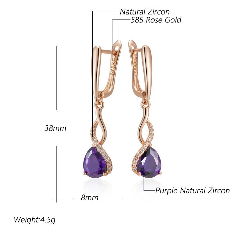 Stylish Vintage Long Dangle Earrings with Hot Shiny Purple Natural Zircon in 585 Rose Gold Finish