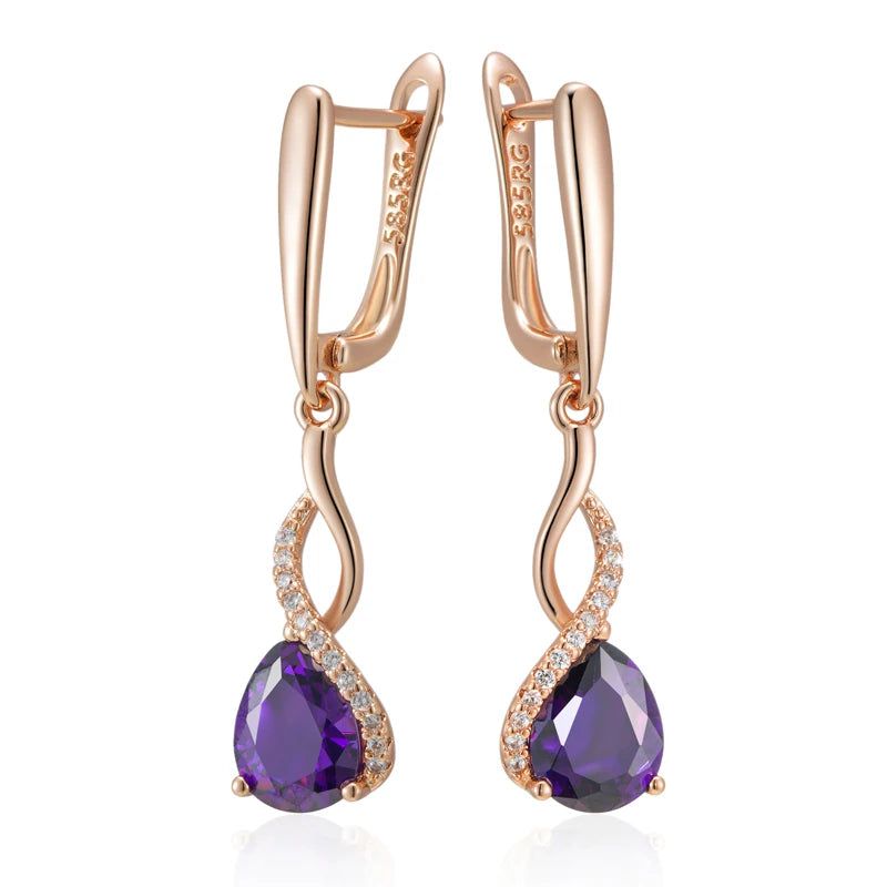 Stylish Vintage Long Dangle Earrings with Hot Shiny Purple Natural Zircon in 585 Rose Gold Finish