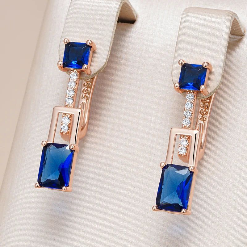 Stylish Vintage Long Dangle Earrings with Square Blue Natural Zircon in 585 Rose Gold Finish